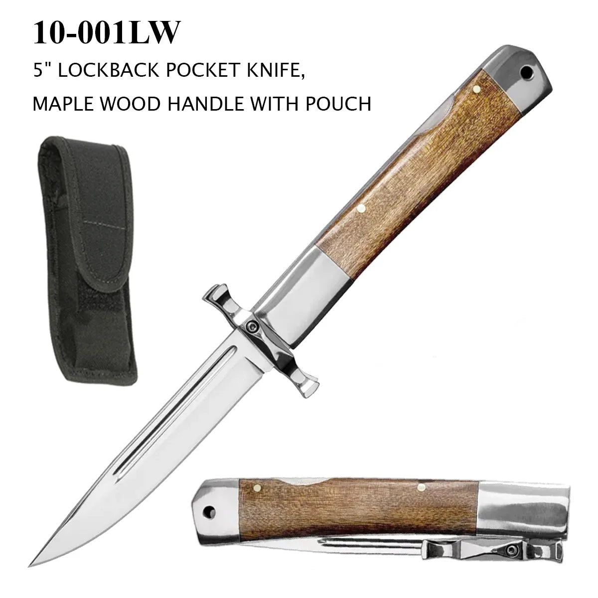 Lockback Folding Knife SS Blade/Wood Insert Handle with Sheath SKU 10-001LW