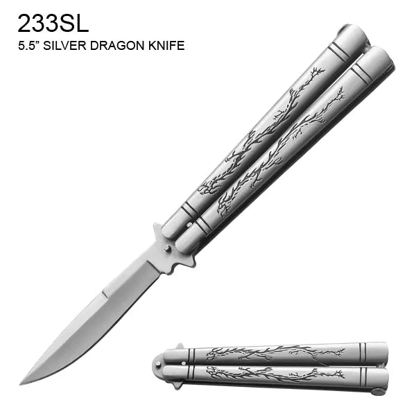 Butterfly Knife Silver Dragon Stainless-Steel Blade & Handle SKU 233SL