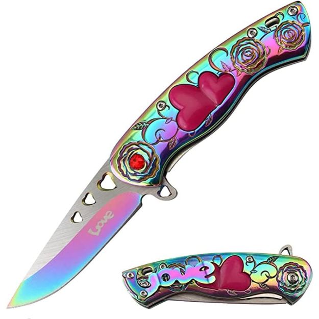 Snake Eye Spring Assist Cupid Heart Knife 3CR13 Steel/Rainbow Handle SKU  SE-5216RB