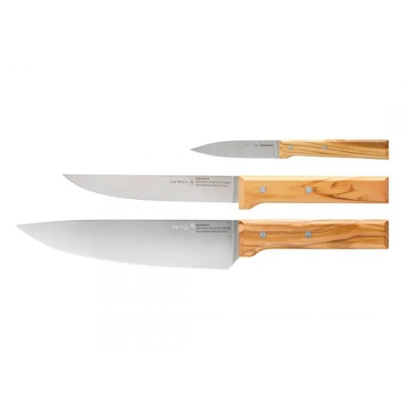 Opinel Parallele Trio Set of Kitchen Knives X50CrMoV15 Stainless Steel Blade/Olive Wood Handle SKU 002494