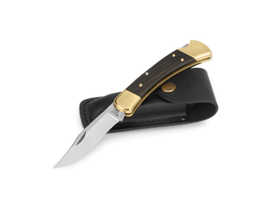 Buck 110 Manual Folding Knife with Leather Sheath 420HC SS Blade/Ebony Crelicam Handle SKU 0110BRS-B