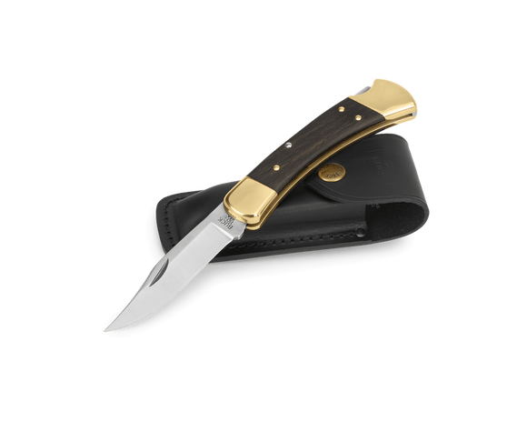 Buck 110 Manual Folding Knife with Leather Sheath 420HC SS Blade/Ebony Crelicam Handle SKU 0110BRS-B