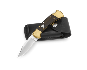 Buck 112 Ranger Automatic Lockback Knife with Leather Sheath 420HC SS Blade/Ebony Crelicam Handle SKU 0112BRSA-B