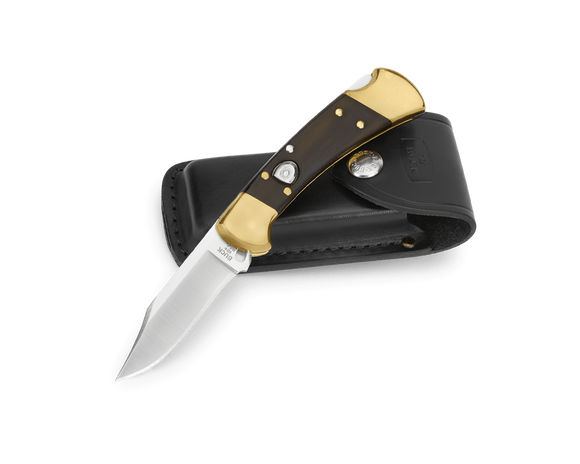 Buck 112 Ranger Automatic Lockback Knife with Leather Sheath 420HC SS Blade/Ebony Crelicam Handle SKU 0112BRSA-B