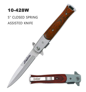 ElitEdge Stiletto Style Spring Asist Knife Stainless-Steel Blade/SS w/Wood Overlay Handle SKU 10-428W