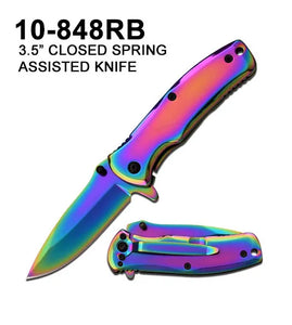 Spring Assisted Folding Knife Rainbow Stainless-Steel Blade & Handle SKU 10-848RB