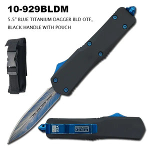 Armed Force Tactical Auto. OTF Knife w/Sheath Blue Titanium Coated SS Blade/Black Handle SKU 10-929BLDM