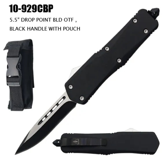 Automatic OTF Knife w/Sheath 2 tone Drop Pt. Stainless-Steel Blade/Black SS Handle SKU 10-929CBP