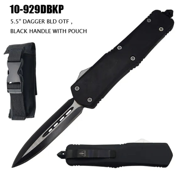 Automatic OTF Knife w/Sheath 2 Tone Dagger Stainless-Steel Blade/Black SS Handle SKU 10-929DBKP