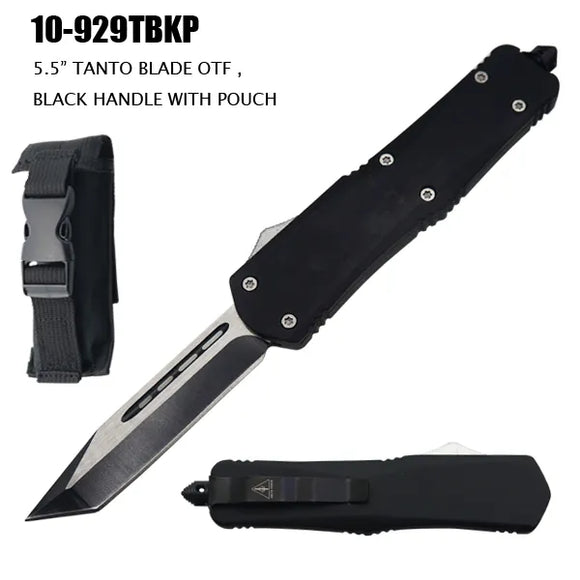 Automatic OTF Knife w/Sheath 2 Tone Tanto Stainless-Steel Blade/Black SS Handle SKU 10-929TBKP