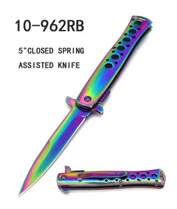 Milano Style Spring Assist Knife Rainbow Finish SS Blade & Handle SKU 10-962RB