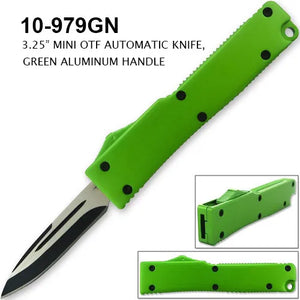 Mini OTF Auto Knife Black & Silver SS Blade/Green Alum. Handle SKU 10-979GN