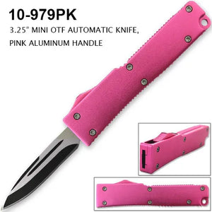 Mini OTF Auto Knife Black & Silver SS Blade/Pink Alum. Handle SKU 10-979PK