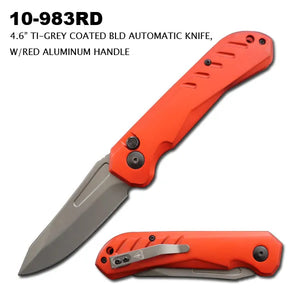 Red Automatic Knife Gray Titanium Coated SS Blade/Red Alum. Handle SKU 10-983RD