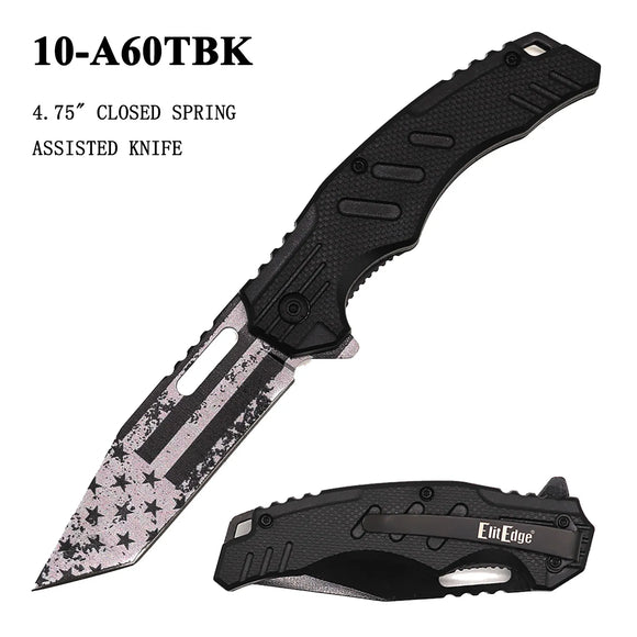 ElitEdge Spring Assist Knife 3D Printed US Flag SS Tanto Blade/Black ABS Handle SKU 10-A60TBK