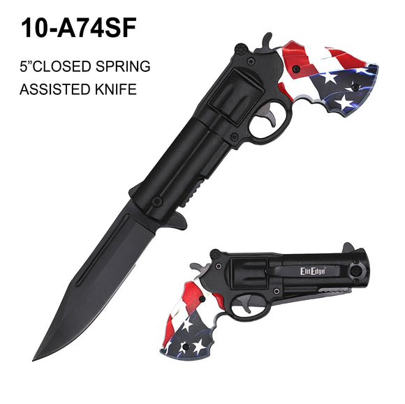 ElitEdge Spring Assist Gun Knife Black Stainless-Steel Blade/3D Printed US Flag Alum. Handle SKU 10-A74SF