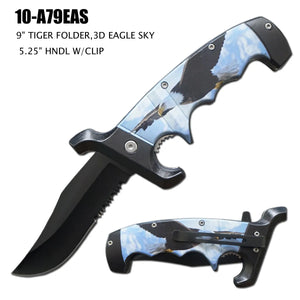 Tiger Spring Assist Knife Black Half Serr. SS Blade/3D Print Eagle Sky ABS Handle SKU 10-A79EAS