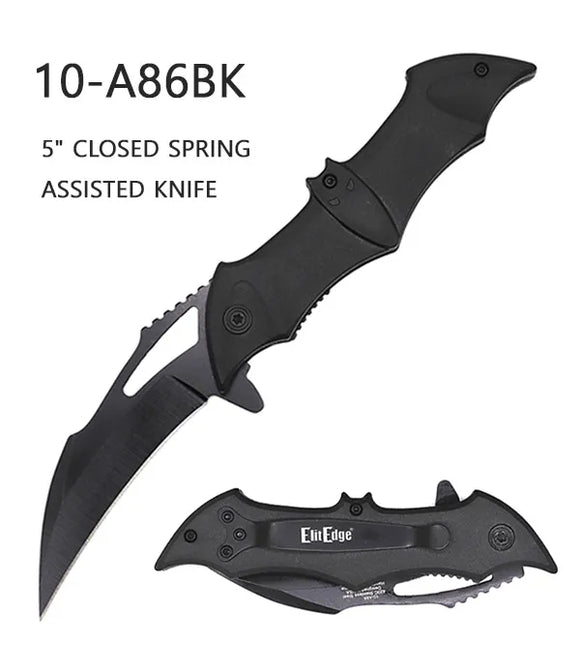 EliteEdge Spring Assist Bat Knife Black SS Blade/Black Bat Shape ABS Handle SKU 10-A86BK