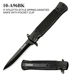 ElitEdge Spring Assist Stiletto Style Knife Black SS Blade/Black SS Handle SKU 10-A96BK