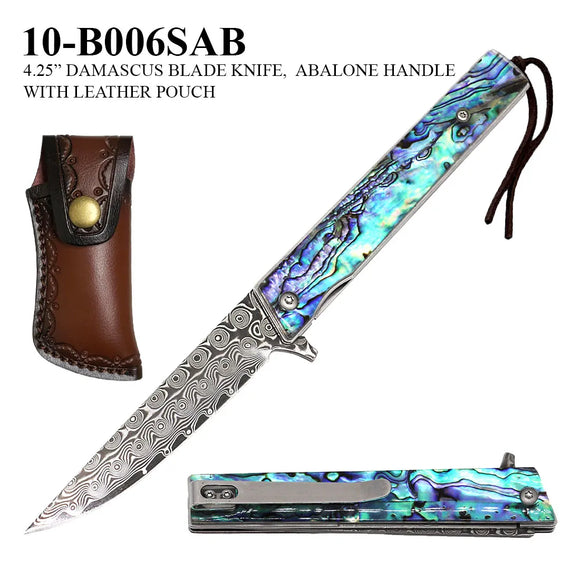 Damascus Folding Knife w/Leather Sheath Drop Point Damascus Steel Blade/Abalone Handle SKU 10-B006SAB