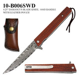 Damascus Folding Knife w/Leather Sheath Drop Point Damascus Steel Blade/Wood Handle SKU 10-B006SWD