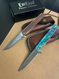 Damascus Folding Knife w/Leather Sheath Drop Point Damascus Steel Blade/Abalone Handle SKU 10-B006SAB