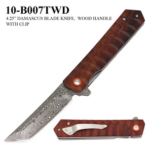 Damascus Folding Knife Tanto Damascus Steel Blade/Wood Handle SKU 10-B007TWD