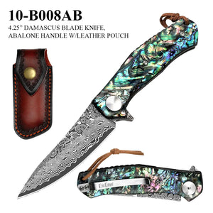 ElitEdge Damascus Folding Knife w/Leather Sheath Drop Point Damascus Steel Blade/Abalone Handle SKU 10-B008AB