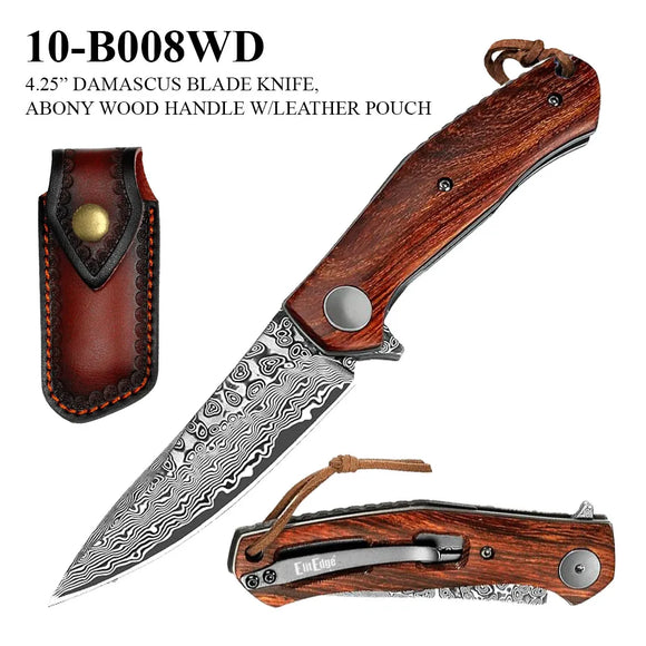 ElitEdge Damascus Folding Knife w/Leather Sheath Drop Point Damascus Steel Blade/Wood Handle SKU 10-B008WD