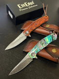 ElitEdge Damascus Folding Knife w/Leather Sheath Drop Point Damascus Steel Blade/Abalone Handle SKU 10-B008AB