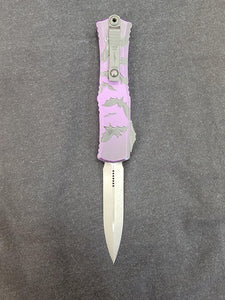 Microtech Hera II Mini Signature Series OTF Knife Black D/E Dagger M390MK SS Blade/Purple & Black Bat Theme Alum. Handle SKU 1702M-1HWBAS