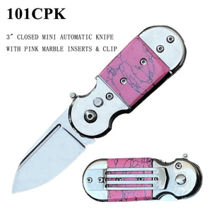 Mini Automatic Knife with Safety Lock Stainless-Steel Blade/SS Pink Faux Marble Handle SKU 101CPK