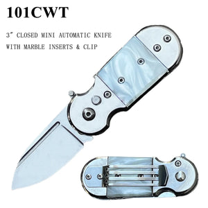 Mini Automatic Knife with Safety Lock Stainless-Steel Blade/SS White Faux Marble Handle SKU 101CWT