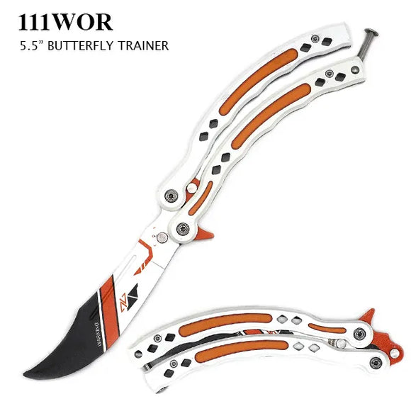 Curved Butterfly Training Knife Stainless-Steel Blade & Handle White/Orange/Black SKU 111WOR