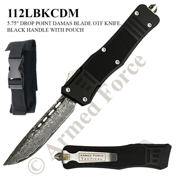 Armed Force Auto. OTF Knife w/Sheath Damascus Etched SS Blade/Black Zinc Alloy Handle SKU 112LBKCDM