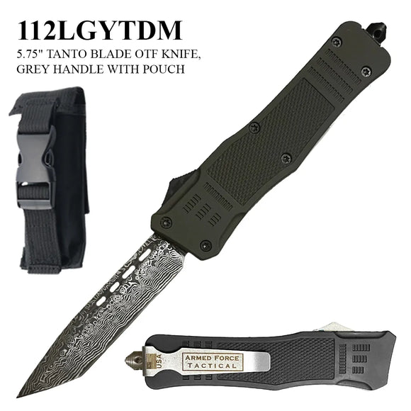 Armed Force Auto. OTF Knife w/Sheath Damascus Etched Tanto SS Blade/Gray Handle SKU 112LGYTDM