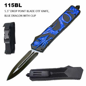 Automatic OTF Knife w/Sheath Plain Edge Stainless-Steel Dagger Blade/Blue & Black Dragon Handle SKU 115BL