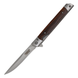 Defender-Xtreme Ball Bearing Knife Sand Finish 3CR13 SS Blade/Wood & SS Handle w/Leather Sheath SKU 14389