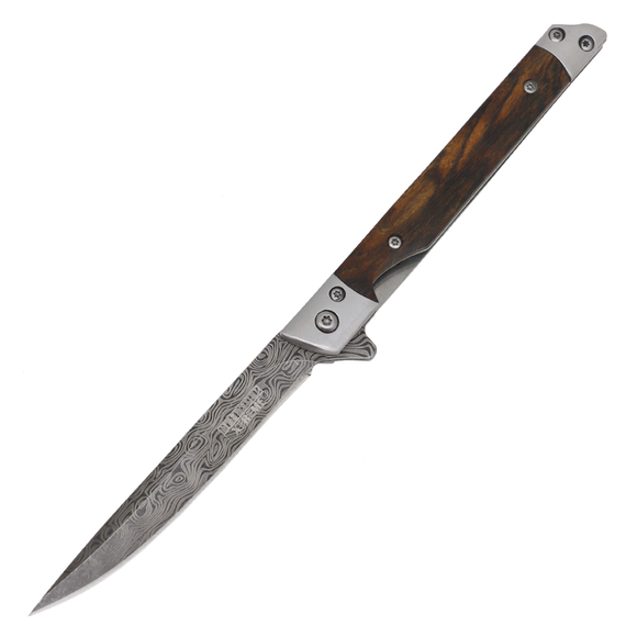 Defender-Extreme Ball Bearing Knife 3CR13 SS Laser Stripe Finish Blade/Wood Handle w/Leather Sheath SKU 14390