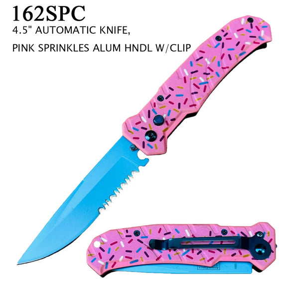 Armed Force Tactical Sprinkles Automatic Knife Blue Half Serr, 420 SS Blade/Pink 3D Print Sprinkles Alum. Handle SKU 162SPC