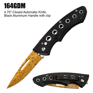 Automatic Knife w/Safety Lock 420 Titanium Gold Etched SS Blade/Black Aluminum Handle SKU 164GDM