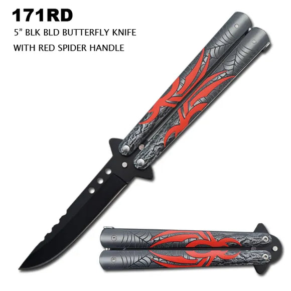 Butterfly Knife Black Stainless-Steel Blade/Black Alum. Handle with Red Spider SKU 171RD