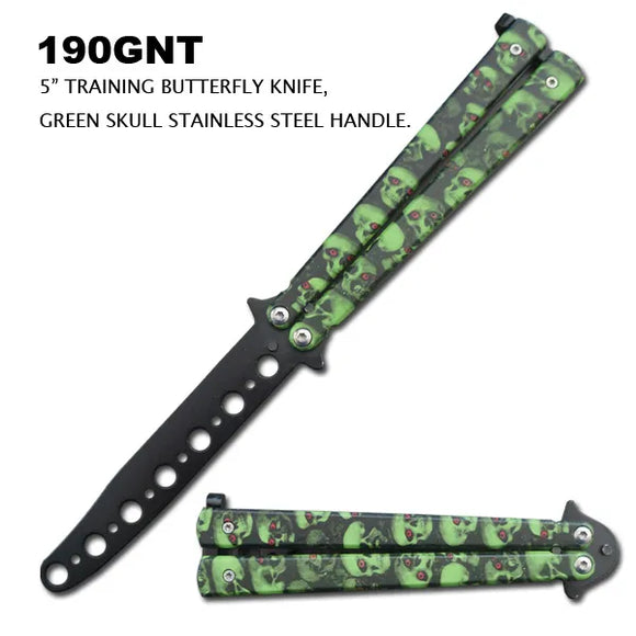 Butterfly Training Knife Stainless-Steel Blade/Green Skull Grafix Handle SKU 190GNT