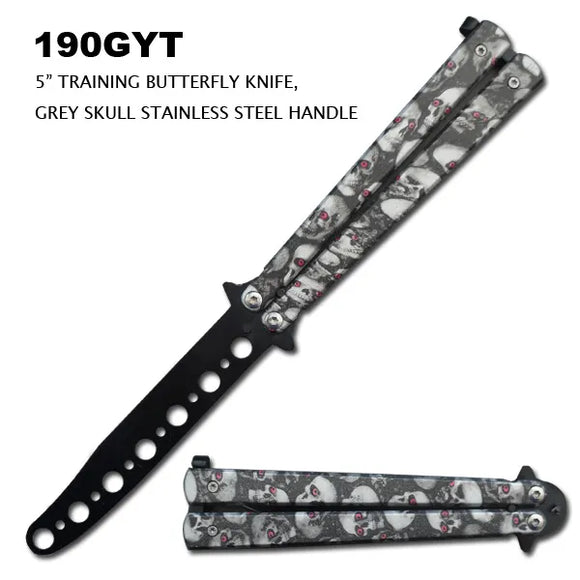 Butterfly Training Knife Stainless-Steel Blade/Gray Skull Grafix Handle SKU 190GYT