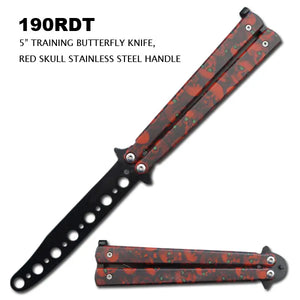 Butterfly Training Knife Stainless-Steel Blade/Red Skull Grafix Handle SKU 190RDT