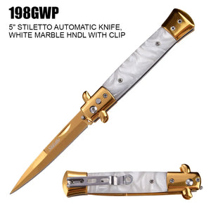 Automatic Stiletto Style Knife 420 Gold-Plated SS Blade/SS Handle w/White Marble Inserts SKU 198GWP