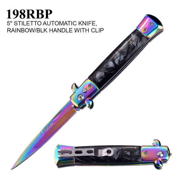 Automatic Stiletto Style Knife Rainbow Stainless-Steel Blade/SS Handle w/Black Faux Marble Overlays SKU 198RBP