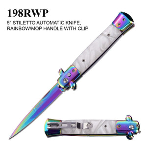 Automatic Stiletto Style Knife Rainbow Stainless-Steel Blade/SS Handle w/White Faux Marble Overlays SKU 198RWP