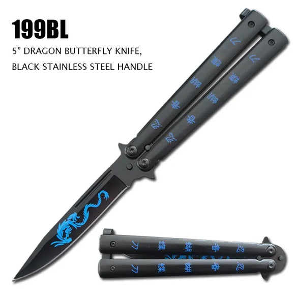 Butterfly Knife Dragon Design Black SS Blade w/Blue Dragon/Black SS Handle w/Blue Chinese Characters SKU 199BL