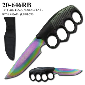 ElitEdge Fixed Blade Knife w/Sheath Rainbow Stainless Steel Blade/Black Zinc Alloy Knuckles Handle with Sheath SKU 20-646RB